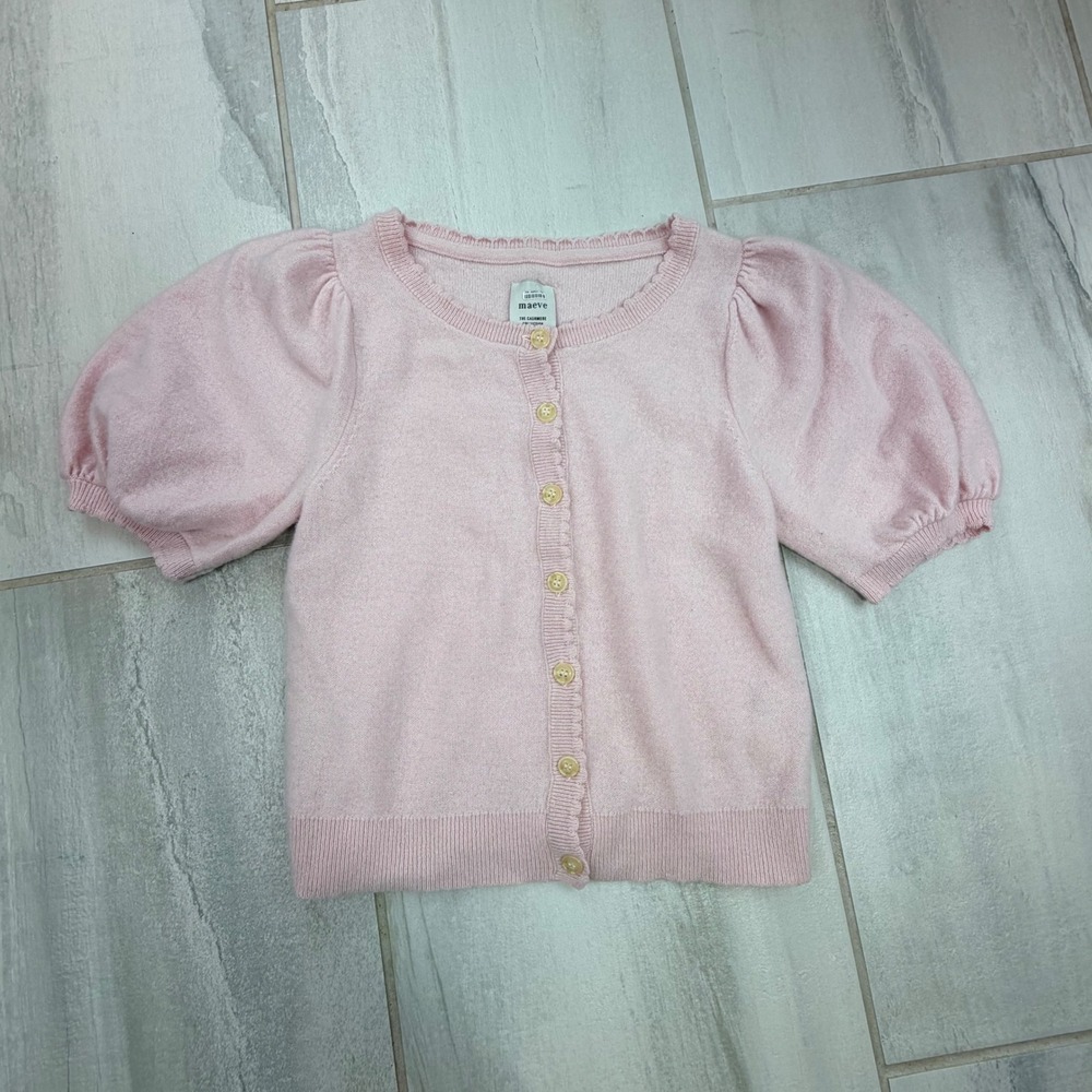Maeve Anthropologie Pink Cashmere Puff Short Sleeve Scallop Cardigan S